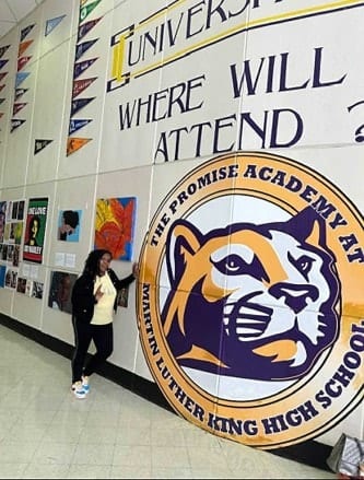 Catrina Jacobs speaking to students at Martin Luther King High School in Philadelphia
